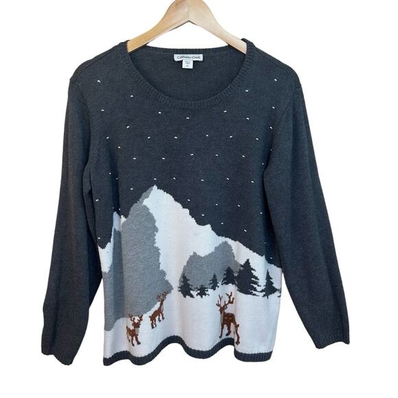 Coldwater Creek Women's Sz PL Wildlife Knit Holiday Sweater Charcoal Christmas - Picture 2 of 15